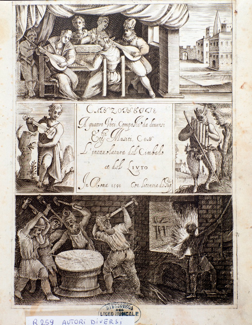 En sida med illustrationer för olika sånger (etsning av Unknown artist