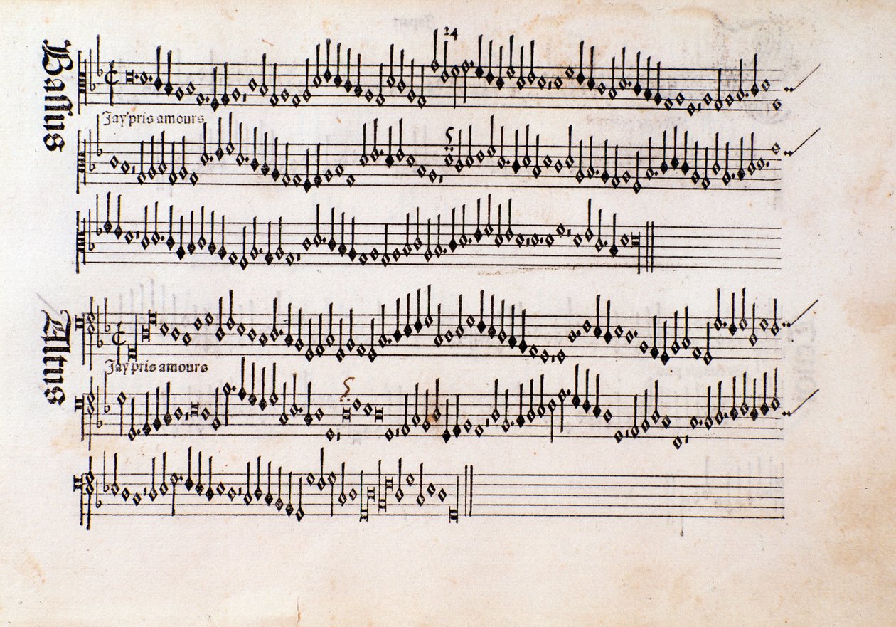 Sida med partitur av Harmonice Musices Odhecaton av Ottaviano Petrucci (1501) av Unknown artist