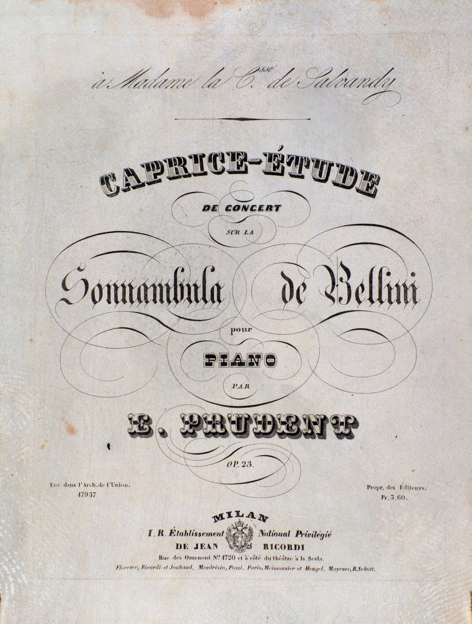Sida med noterna till en Caprice-studie för piano av Emile Prudent baserad på La sonnambula av Vincenzo Bellini av Unknown artist