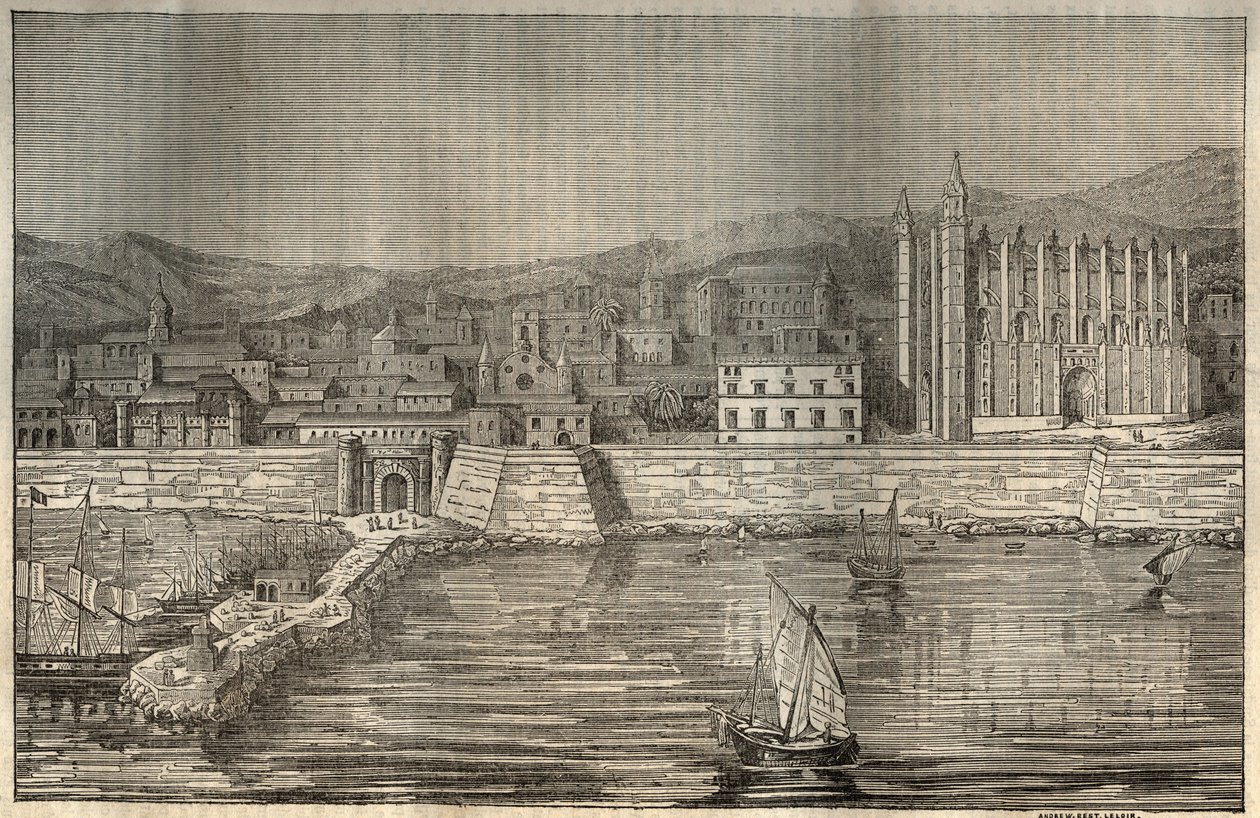 Palma de Mallorca, Mallorca (Majorca), Balearerna - gravyr 1837 av Unknown artist