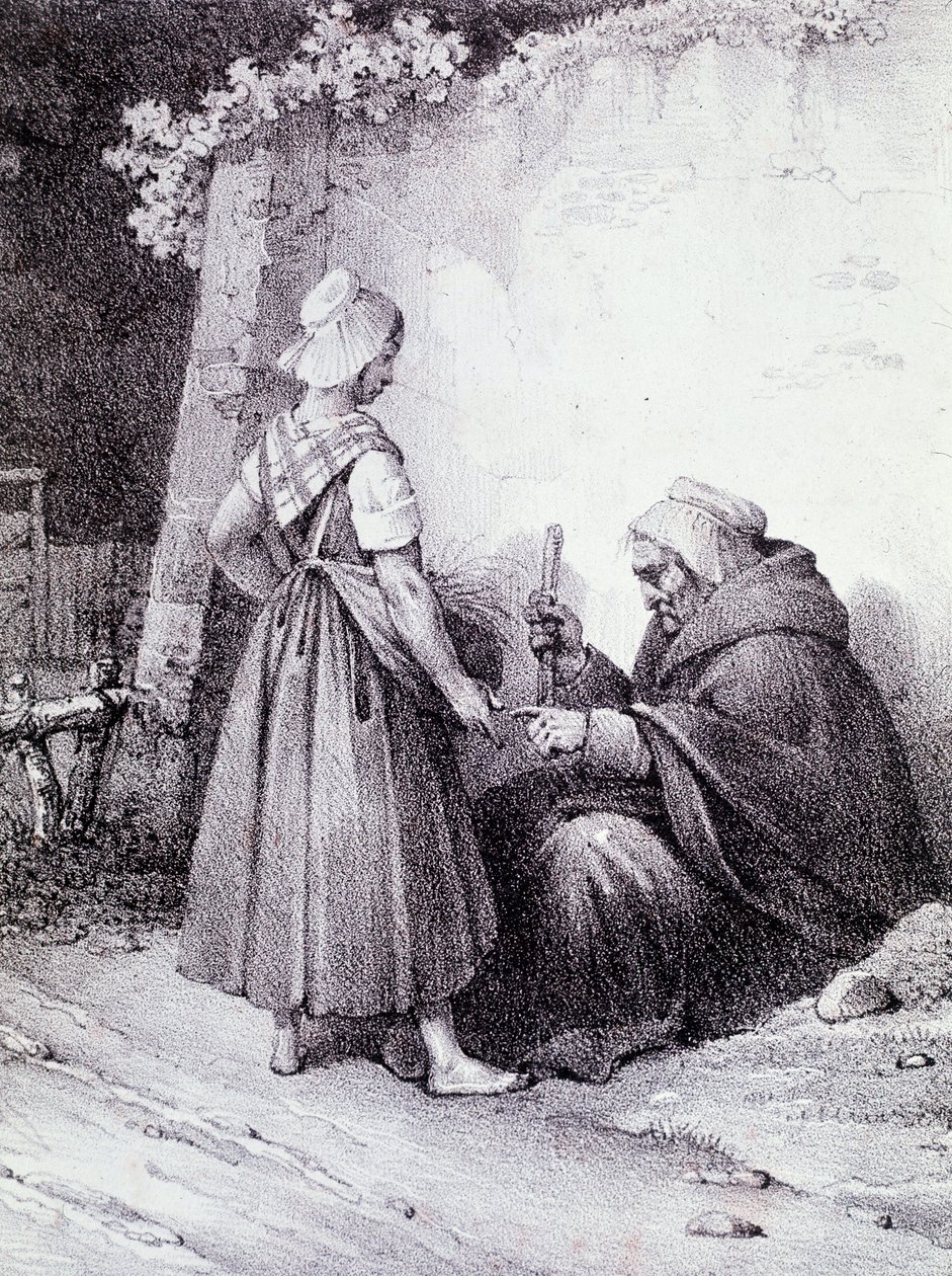 Palmistry: en gammal spåkvinna läser en ung flickas hand (gravyr) av Unknown artist