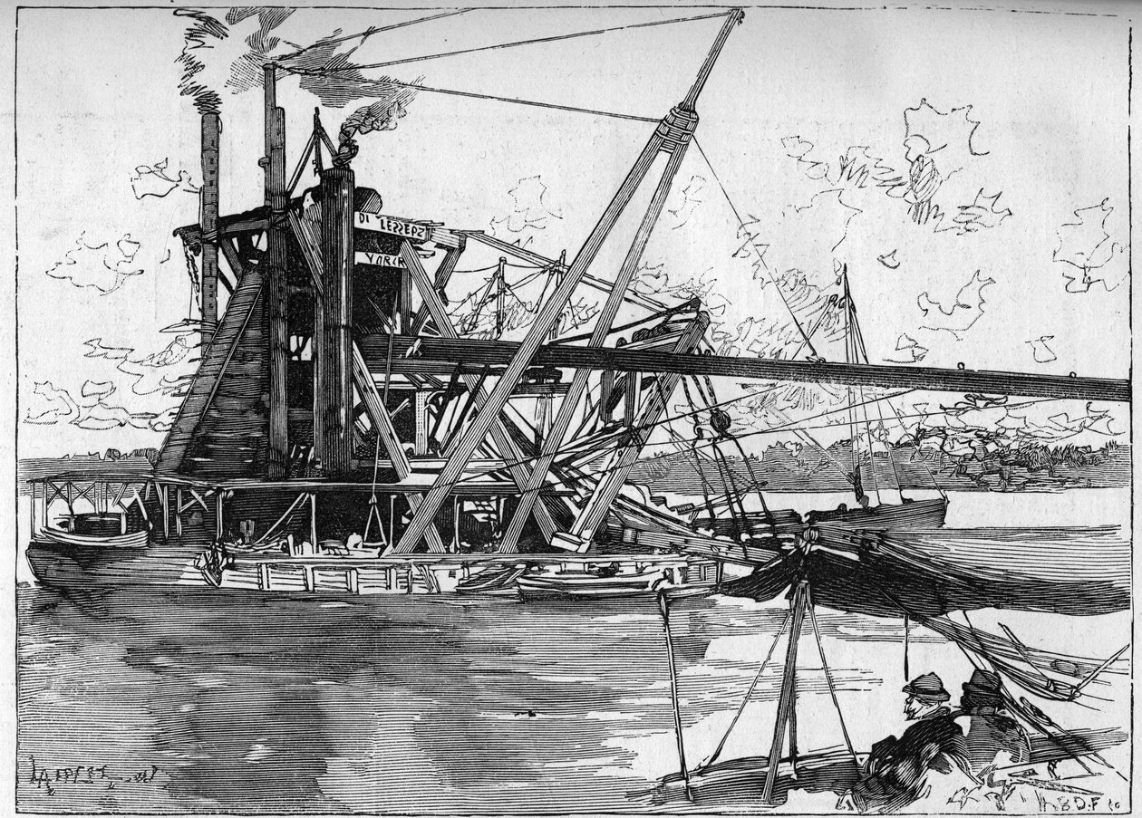 Panamakanalen fungerar. Huvudmaskiner: det stora amerikanska mudderverket. Gravyr i "" Le Monde Illustré"" av Unknown artist