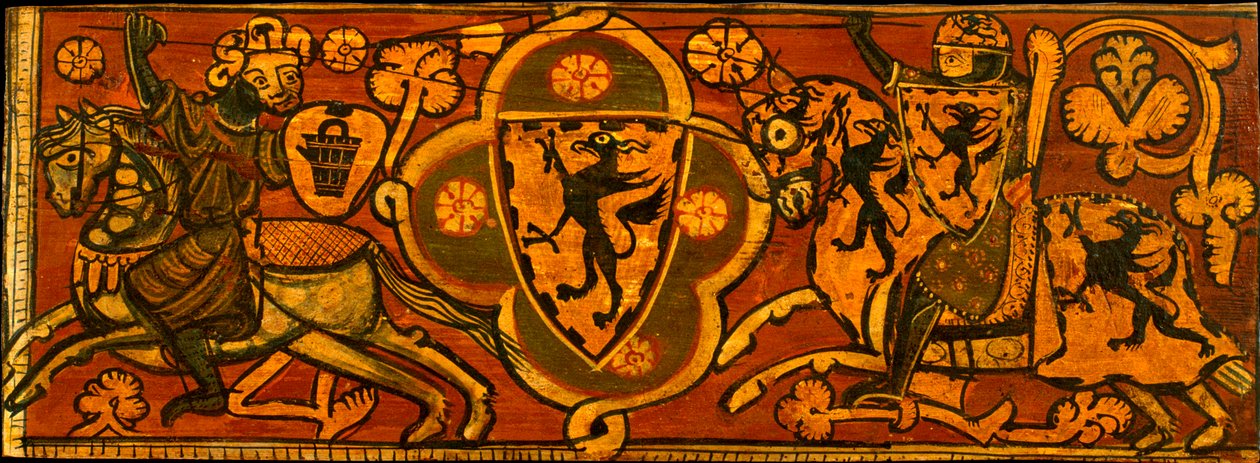 Panel som representerar en kamp mellan en kristen riddare och en muslimsk riddare - Takpanel med en kamp mellan en kristen riddare och en muslim - Anonym - c. 1300 - Tempera på panel - 24,2x66,3 - Museu Nacional d