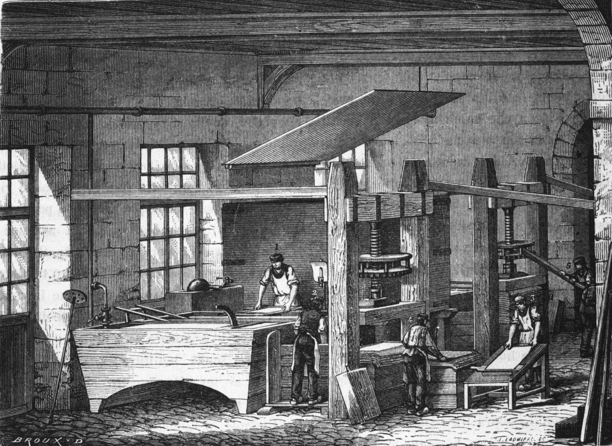 Papperstillverkning på 1800-talet. av Unknown artist