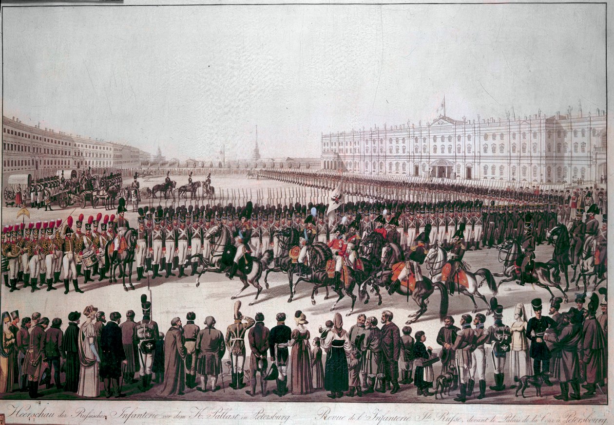Parad av det ryska infanteriet. Tryck från början av 1800-talet. av Unknown artist