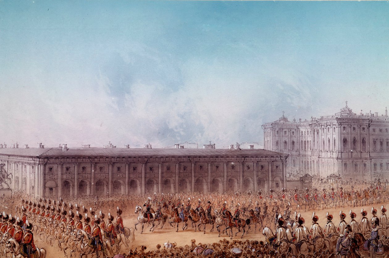 Parad med Alexander II framför Anetchkoff-palatset i St. Petersburg 1856. Illustration av Karl den Store (1800-talet) Sankt Petersburg. Chateau De Peterhof av Unknown artist