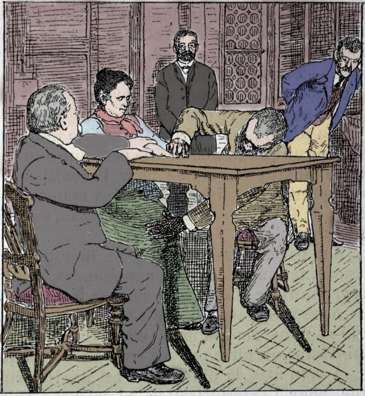 Paranormala fenomen: erfarenhet av att höja ett bord i Milano 1892 i närvaro av mediet Eusapia Paladino och Cesare Lombroso (1835-1909) och Charles Richet (1835-1909). av Unknown artist