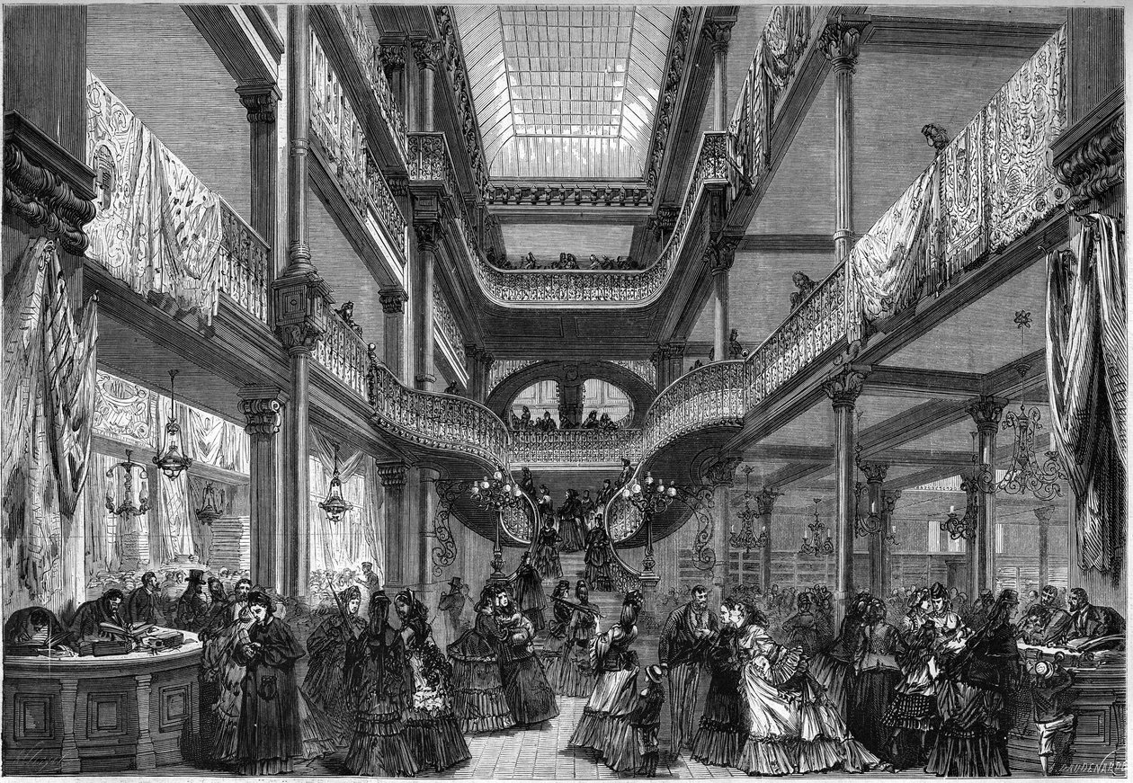 Paris 1872: interiör av nya butiker, ""Billigt"". av Unknown artist
