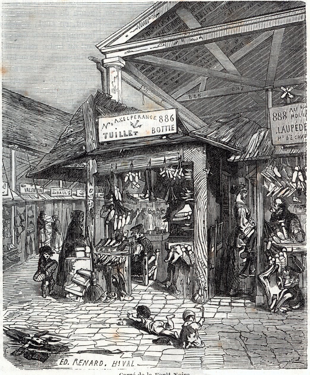 Paris 3:e arrondissement - Carre de la Foret-Noire: försäljning av läder och skor i Le Carreau du Temple på 1800-talet - Gravyr i "" Tableau-de-Paris"" av Edmond Texier av Unknown artist