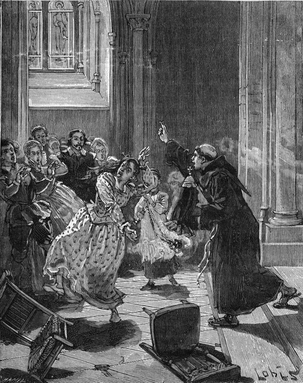 Paris, Church Sainte Genevieve (Sainte-Genevieve) (1599): en kapucinermunk som försöker exorciera en kvinna, Martha, som påstår sig vara besatt av djävulen. Gravyr av 1800-talet. I "Histoire de France" av Jules Michelet av Unknown artist