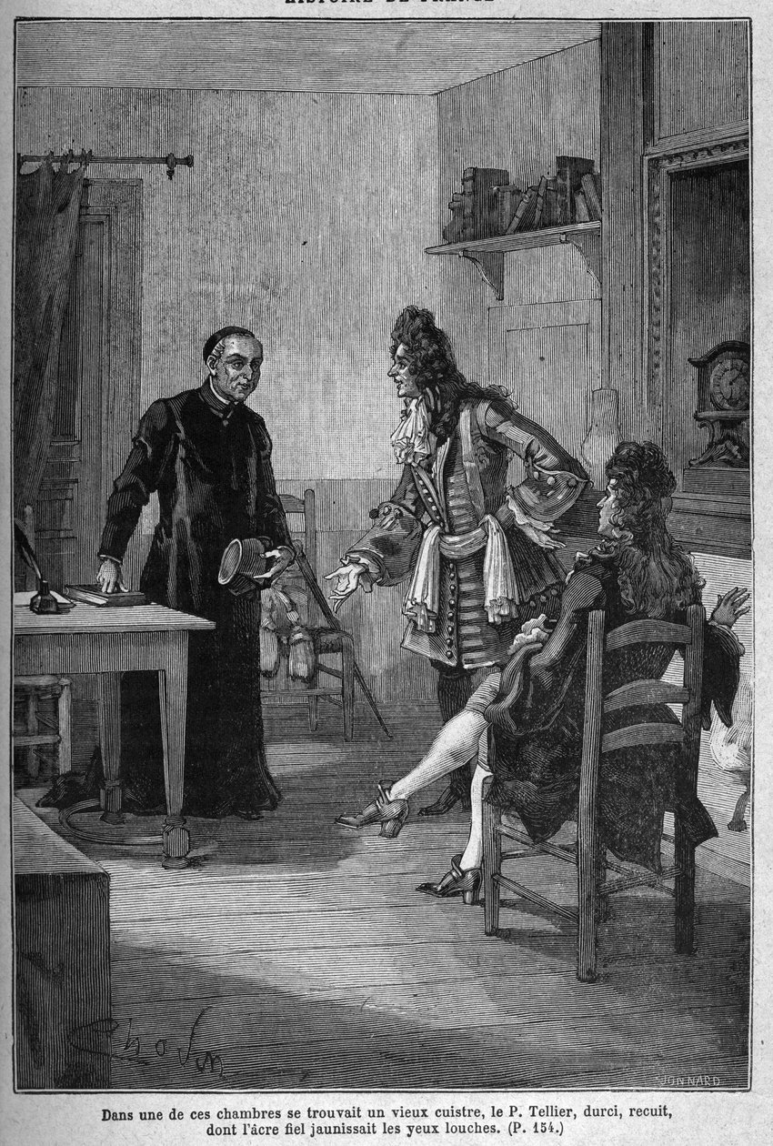 Paris, jesviternas kloster (nuvarande Charlemagne College): Pere Michel Le Tellier (1643-1719), jesuitbiktfader till kungen av Frankrike Ludvig XIV. Gravyr av 1800-talet. I "Histoire de France" av Jules Michelet av Unknown artist