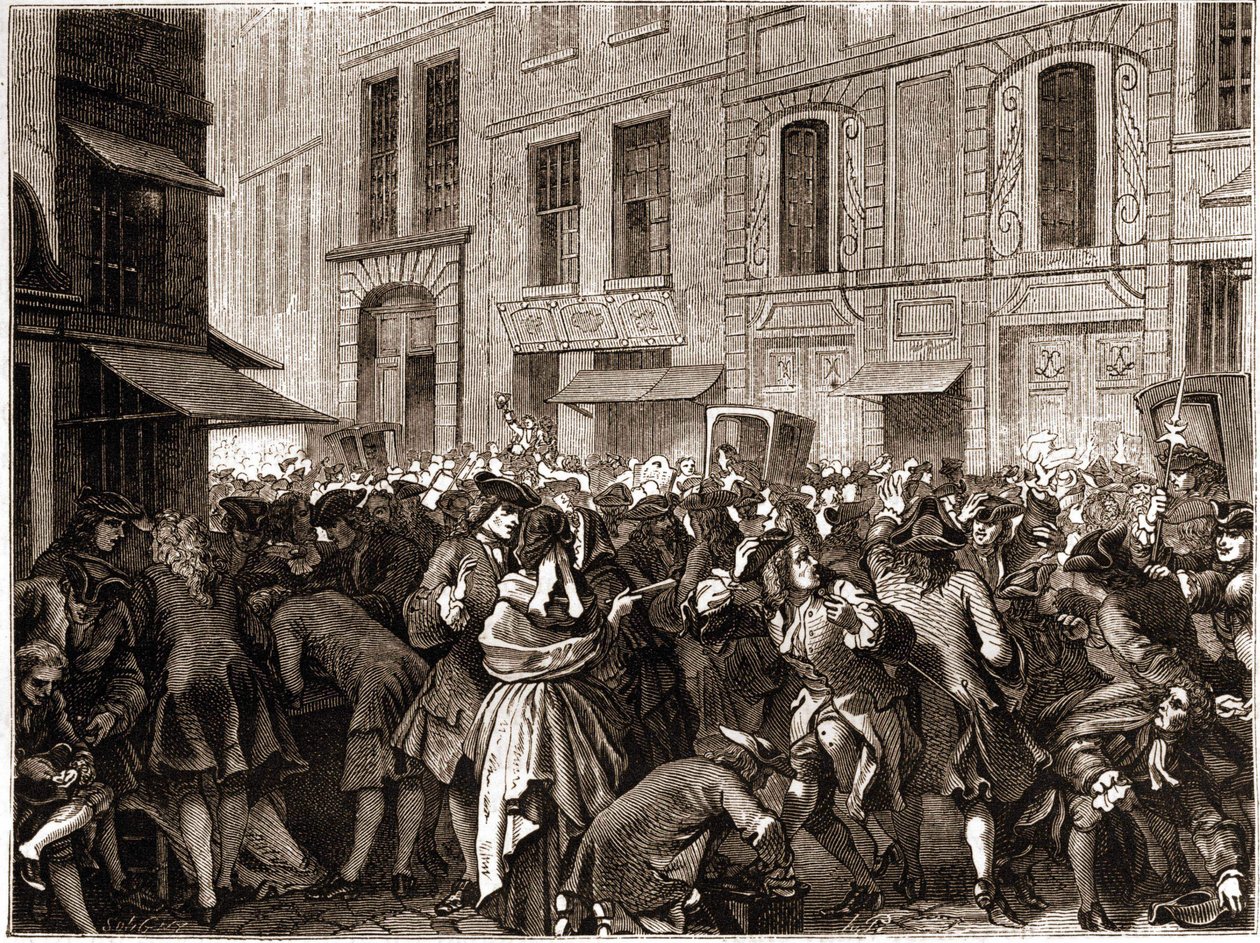 Paris IV arrondissement - Rue Quincampoix 1720 under John Laws system (1671 - 1729) - "" Uppståndelsen på rue Quincampoix"" (konkurs orsakad av Law) - Utsikt över rue Quincampoix med spekulanterna vid tiden för John Laws system, av Unknown artist
