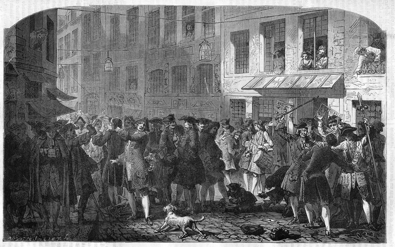 Paris IV arrondissement - Rue Quincampoix 1720 under John Laws system (1671 - 1729) - "" Uppståndelsen på rue Quincampoix"" (konkurs orsakad av Law) - Utsikt över rue Quincampoix med spekulanterna vid tiden för John Laws system, av Unknown artist
