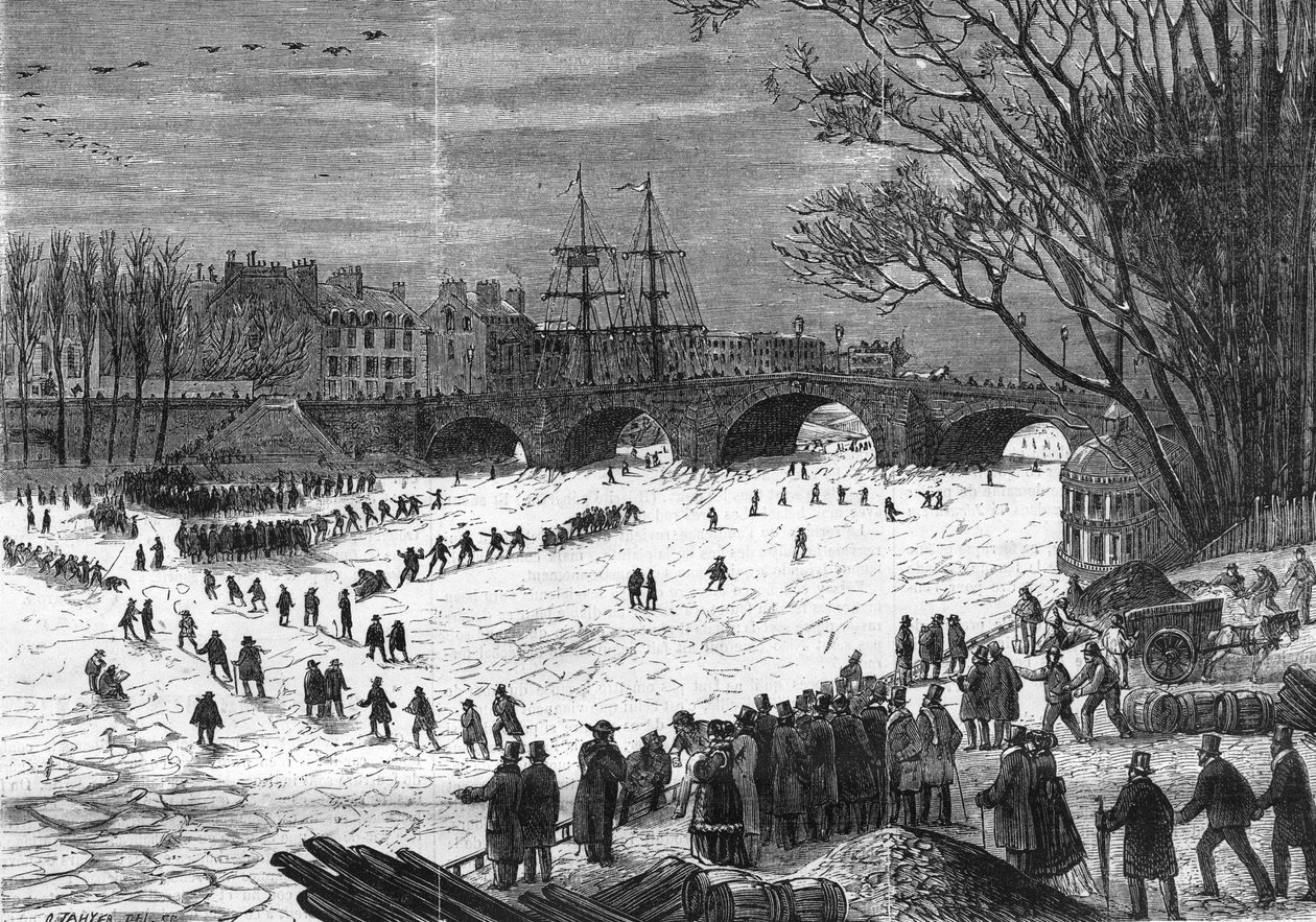 Paris januari 1868: La Seine fångad av isen i höjd med Pont - Neuf. av Unknown artist