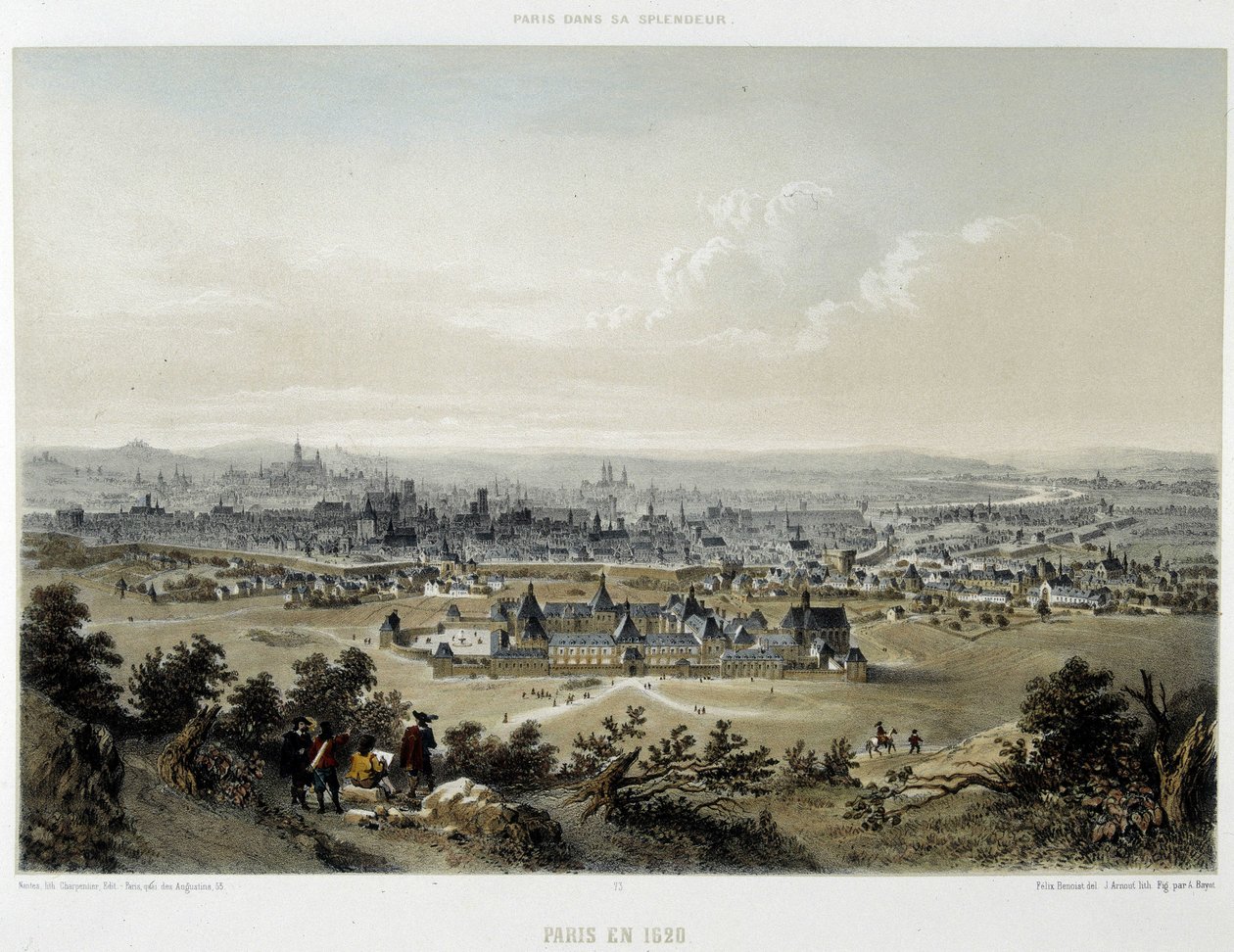 Paris 1620, allmän bild tagen från Butte Chaumont - litografi av Unknown artist