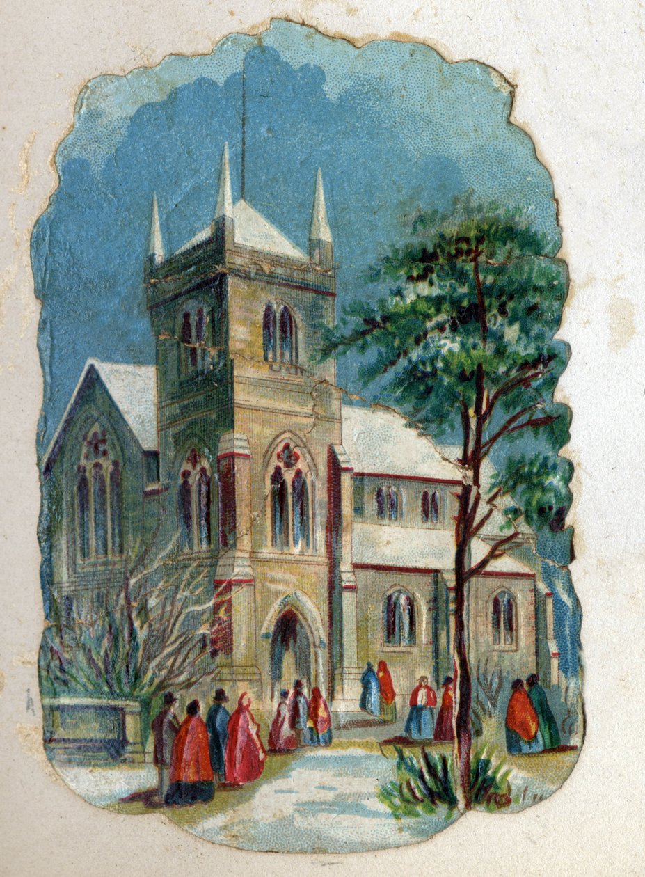 Församlingsbor som går till en kyrka för söndagsmässa. Kromolitografi omkring 1890. av Unknown artist