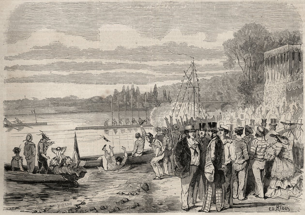 Parisiska kanotister. Regates de Saint-Cloud (Saint Cloud) 1857. Gravyr i "Le Monde illustrious"" från 1857. Privat samling. av Unknown artist
