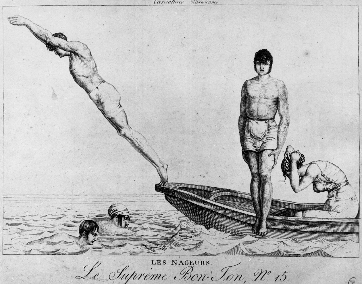 Parisisk tecknad serie: simmare, män som dyker från en båt - den suveräna Bon-Ton, nr 15, Musee Carnavalet av Unknown artist