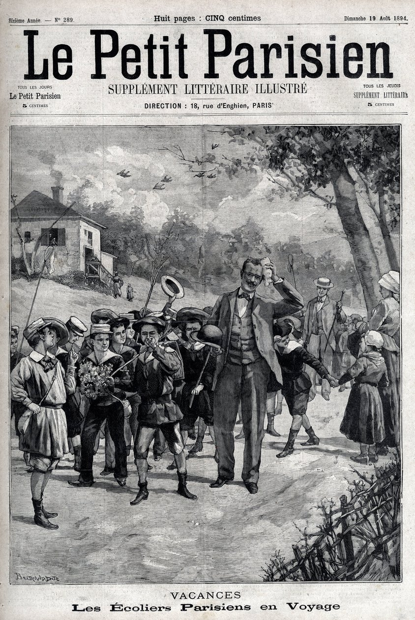 Parisiska skollov på en resa till landsbygden. Gravyr i "" Le Parisien"" av Unknown artist