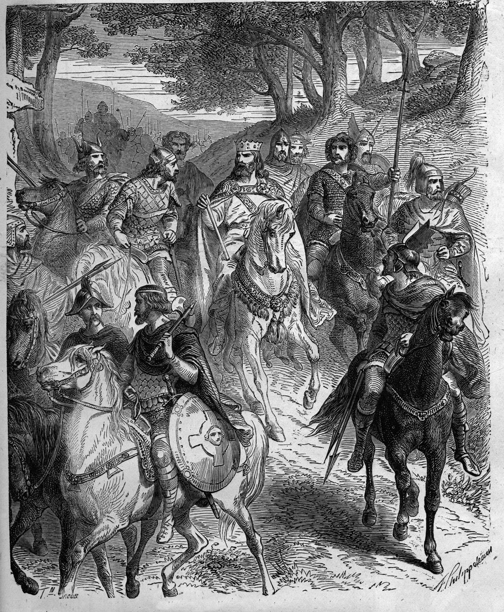 Passage av Alperna av Karl den Store (747-814), frankernas kung. Karl den Store underkastar sig langobarderna. Gravyr i "" Histoire De France En Cent-målningar av Paul Lehugeur "" 1891. av Unknown artist