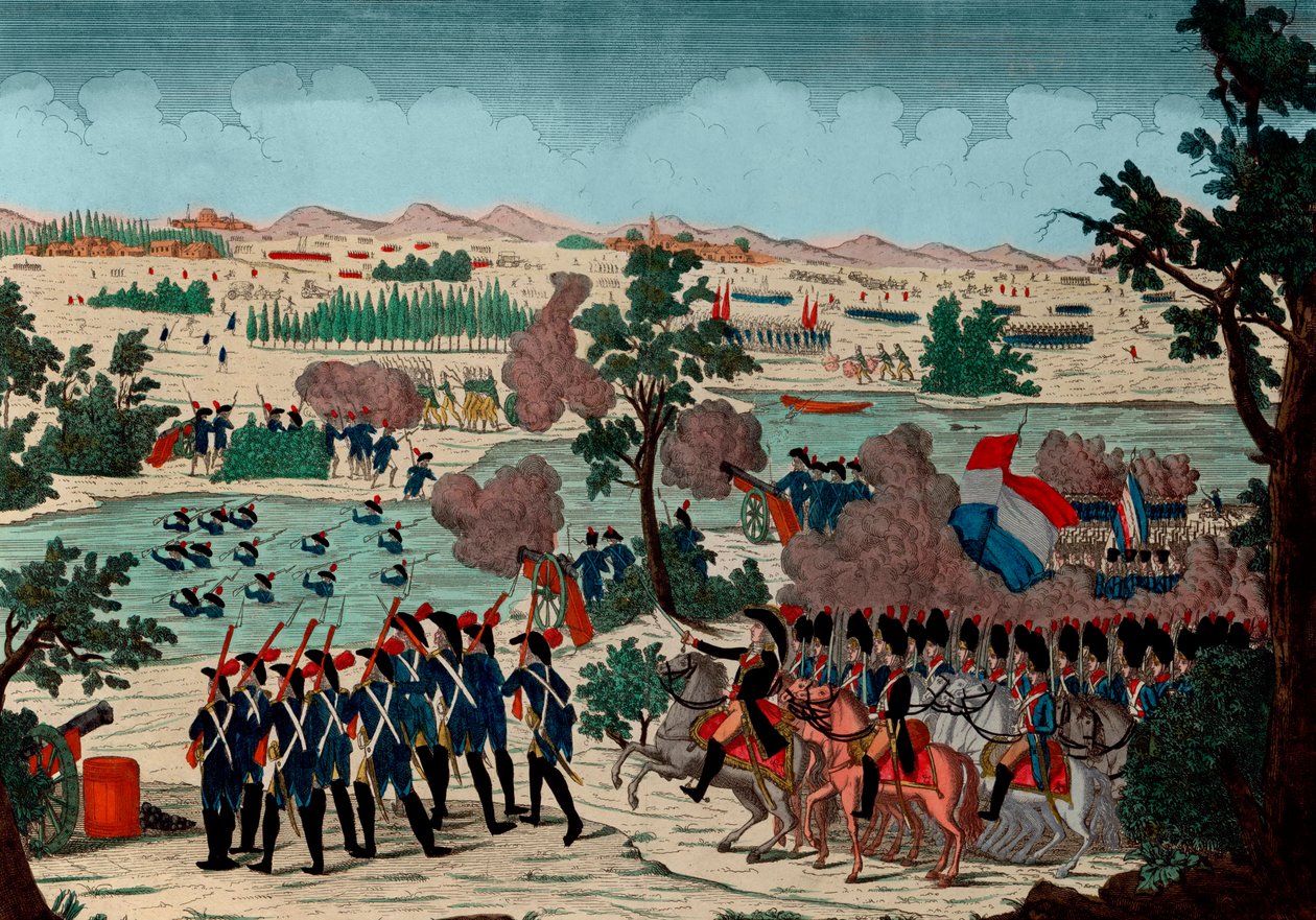 Passage av Mincio den 11 Prairial år IV (20 december 1800) av de franska grenadjärerna. Under ögonen på Bonaparte General en Chief - Gravyr - 1800 - Slaget vid Pozzolo (även känt som slaget vid Minciofloden och Monzambano) - Passagen o av Unknown artist