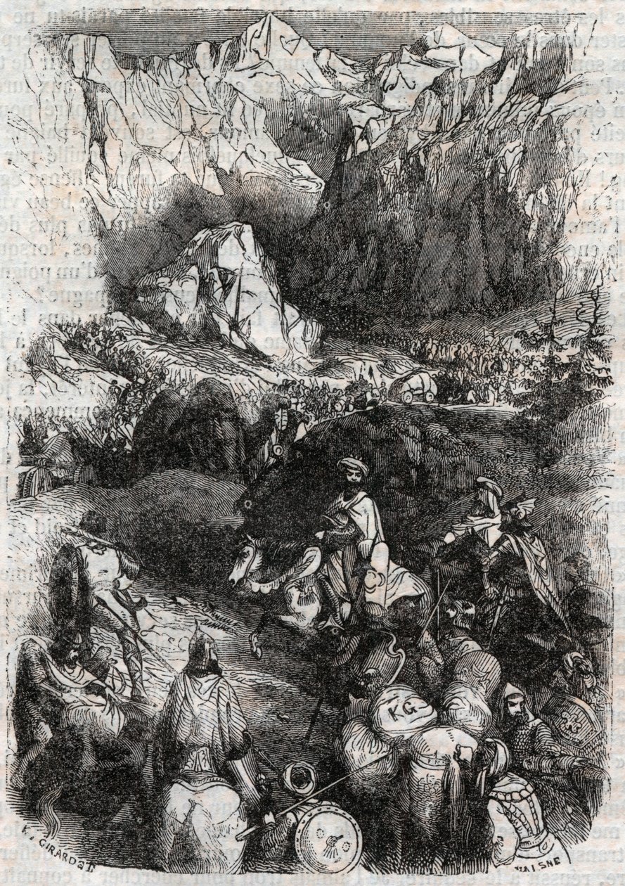 Passage of the Pyrenees by the Mors - gravyr från 1851 från "" Furious Roland"" (Orlando furioso) (1500-talet) av Ludovico Ariosto, känd som Ariosta - Upplaga översatt från italienska av greven av Tressan och publicerad av Gustave Harvard 1851 av Unknown artist