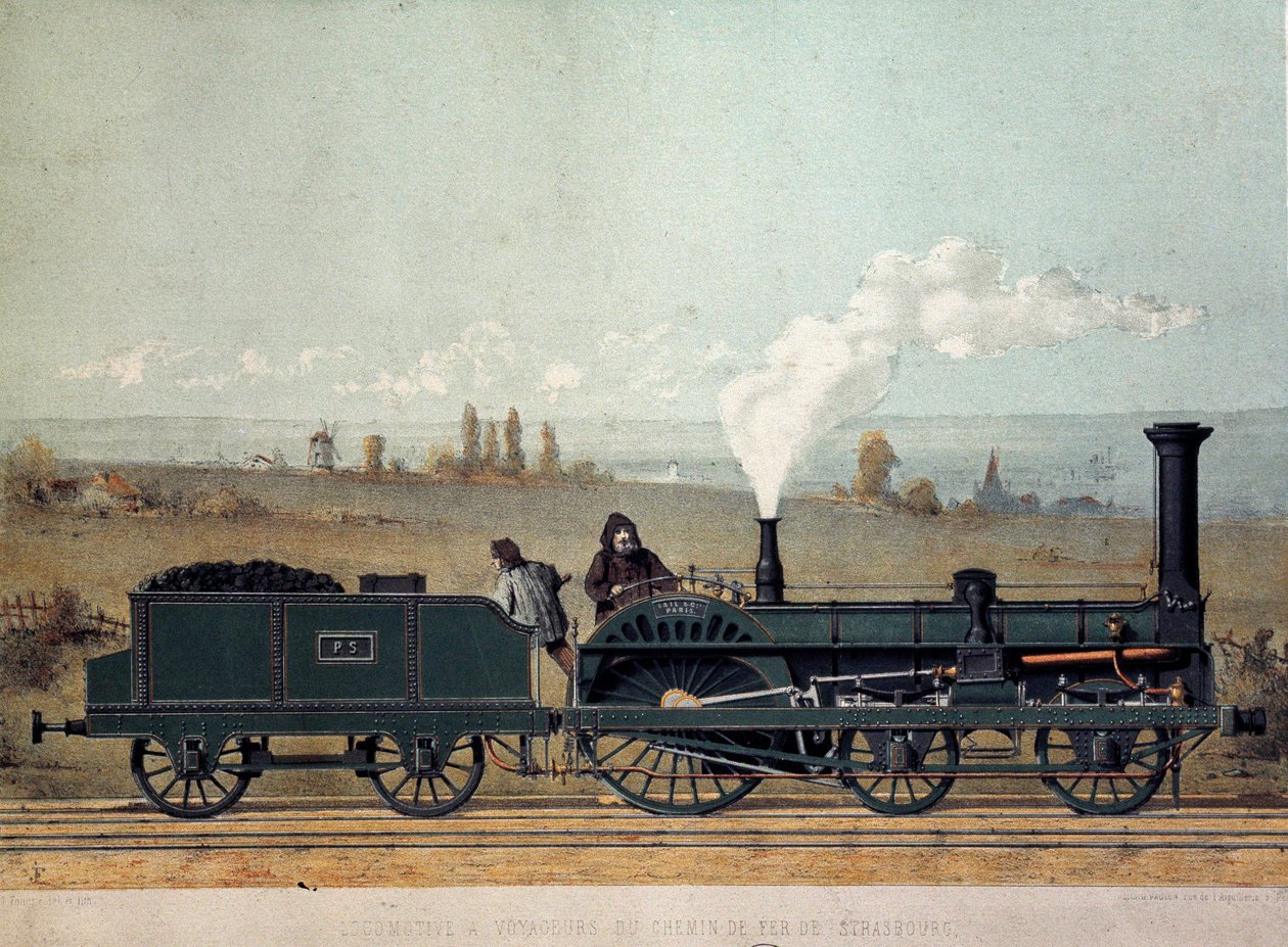 Passagerarlokomotiv och kolvagn av Strasbourg Railway (Crampton-systemet) av Unknown artist