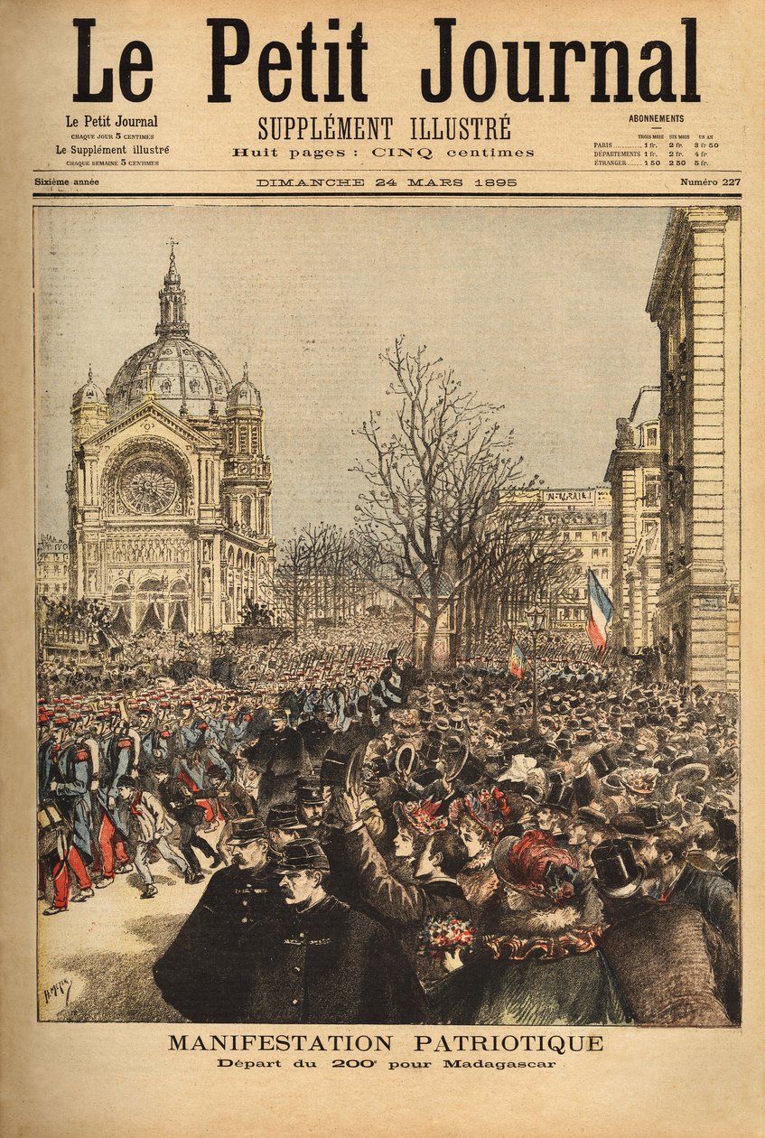 Patriotisk demonstration i Paris, för starten av det 200:e regementet för Madagaskar. Gravyr i "" Le petit journal"" 1895-03-24. Selvas samling. av Unknown artist