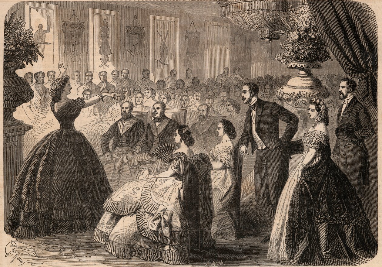 Pauline Viardot-Garcia (Viardot Garcia) (1821-1910), fransk sångerska vid välgörenhetsfesten som ges av Maconnique Lodge "La perseverante friendship" i Grand Orient of Paris. Gravyr I "" Le Monde illustrious"" från 1862. Privat samling. av Unknown artist