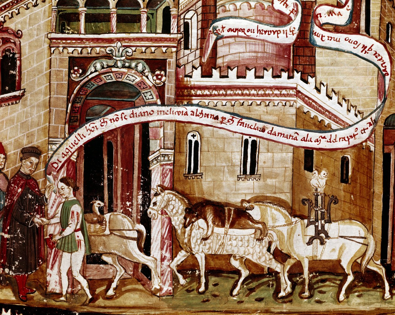 Betalning av saltskatt vid infarten till staden (gabelle) Miniatyr från manuskriptet (Ms. H V-5) "Codex de Privileges"" av Unknown artist