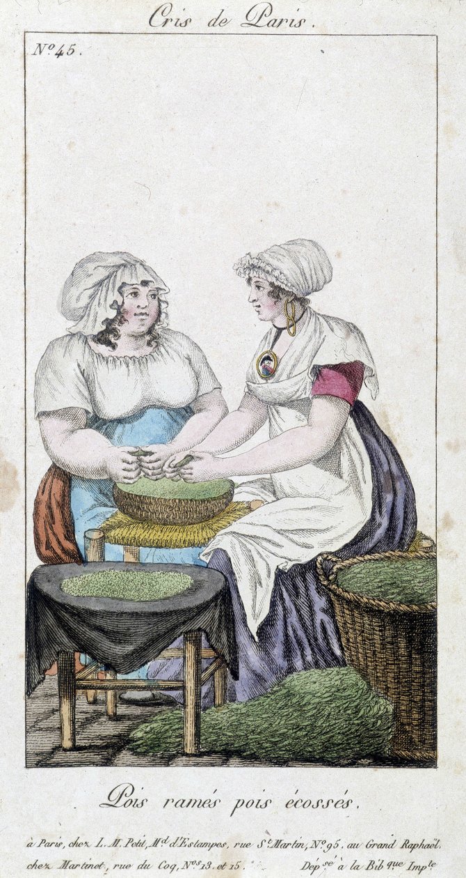 Ärthandlare: två kvinnor som fäller ärter. "" Row peas, Scottish peas" - i "" Cris de Paris"", deb. 1800-talet av Unknown artist