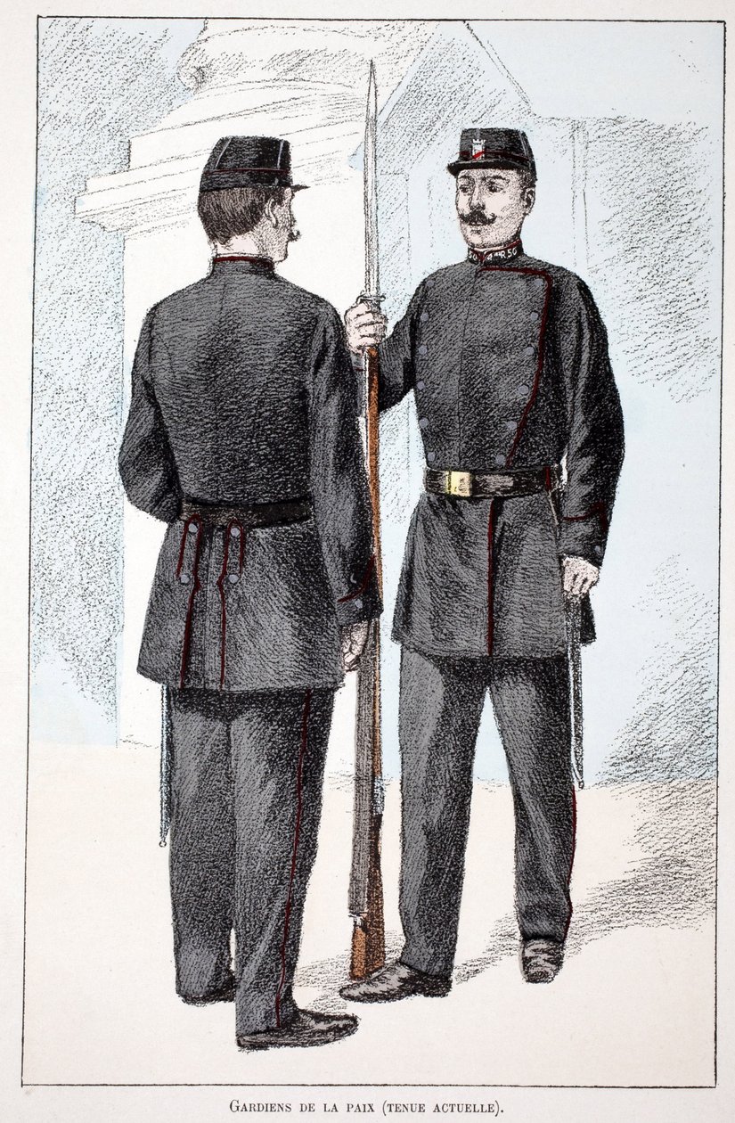 Fredsbevarare (Lepineperioden). Etsning i färger, för illustration "" History of the Corps of Peacekeepers""" bok publicerad under beskydd av Louis Lepine (1846-1933), prefekt för polisen på Seine, av Alfred Rey (1864-?) och Louis Feron (1862) - av Unknown artist