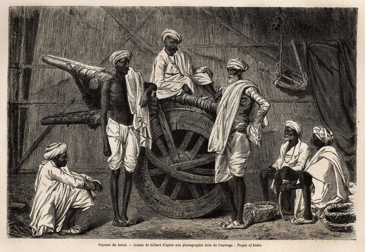 Bönder från Scind (Punjab-regionen, Indien), bredvid sina jordbruksmaskiner. Gravyr för att illustrera resan till Pandjab och Kashmir, berättelse av Guillaume Lejean, 1866, publicerad i "Le tour du monde, nouveau journal des voyages", under direktivet av Unknown artist