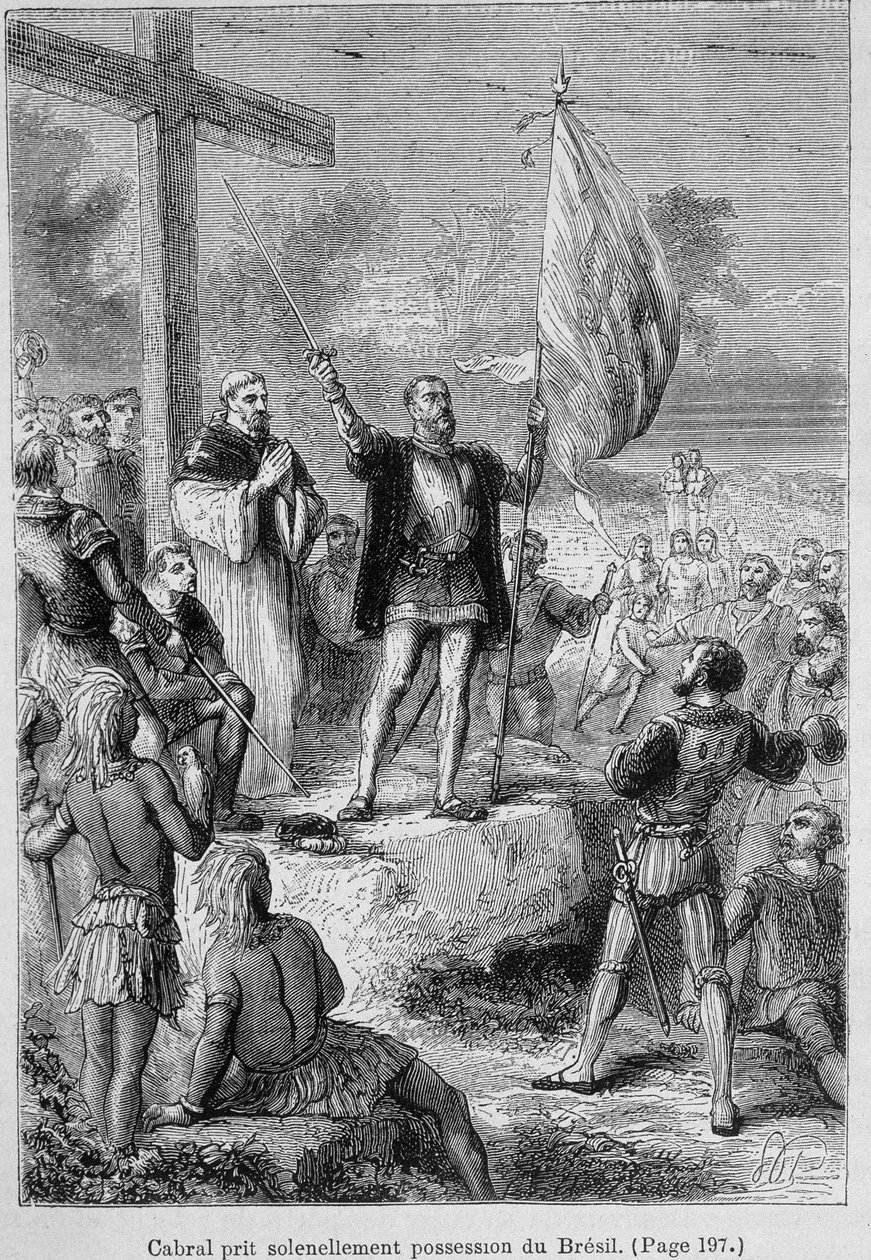 Pedro Alvarez Cabral, portugisisk sjöfarare (1460-1526) tar Brasilien i besittning, som han kallade Terra de Santa Cruz, omkring 1500. Gravyr från 1800-talet. av Unknown artist
