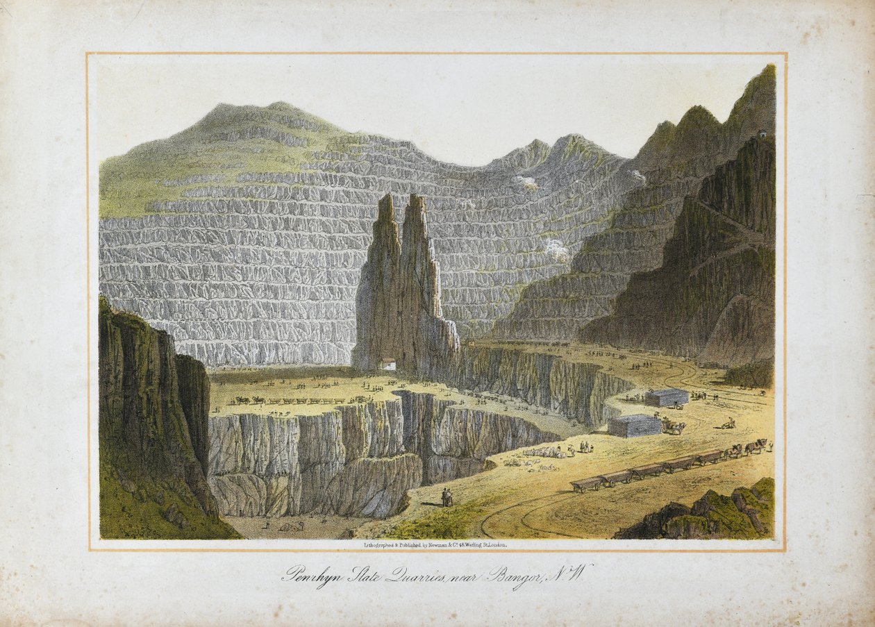 Penrhyn Slate Quarries, nära Bangor, norra Wales (handkolorerad litografi på papper) av Unknown artist
