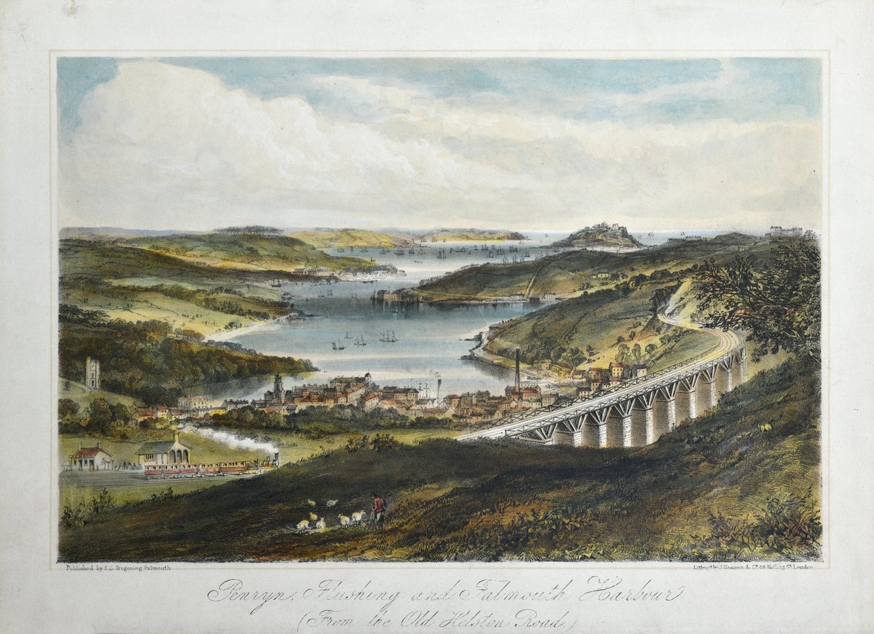 Penryn, Flushing och Falmouth Harbors (från Old Helton Road), c.1860-80 (färgad litho på papper) av Unknown artist
