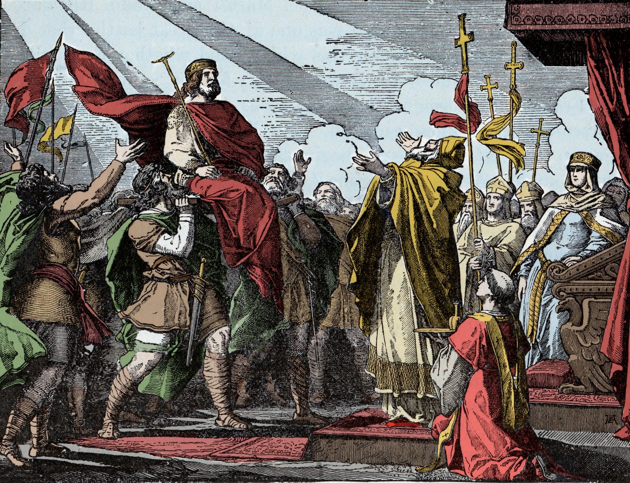 Pepin utropad till kung av frankerna - Sacre of Pepin the Brief (714-768), Basilica of Saint Denis, 28 juli 754: Påven Stefan II invigde honom till kung av frankerna och Patrice av romarna (Patricius Romanorum) av Unknown artist
