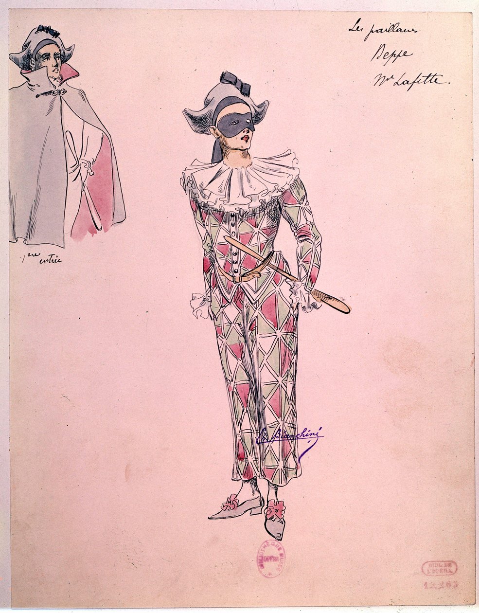 Peppedräkt klädd i Harlequin för operan "" Paillasse"" (pagliacci, clowner) av Ruggero Leoncavallo (1857-1919) från 1892. Paris, Operamuseets bibliotek av Unknown artist