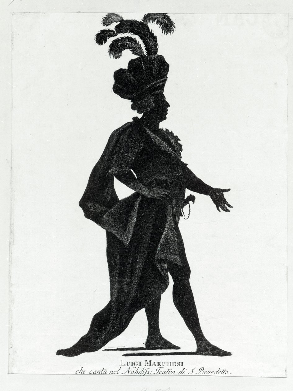 Framträdande av den italienske kastraten Luigi Marchesi (1754 - 1829) även känd som Marchesini-sång på teatern i San Benedetto. av Unknown artist