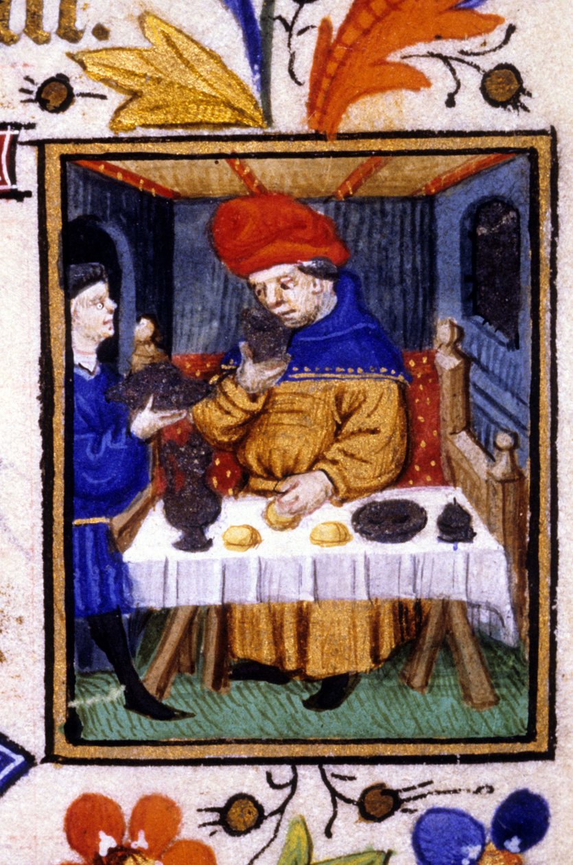Januari månads föreställning. En tjänare lägger mat på sin herres bord. Miniatyr av ett 1300-talsmanuskript. av Unknown artist