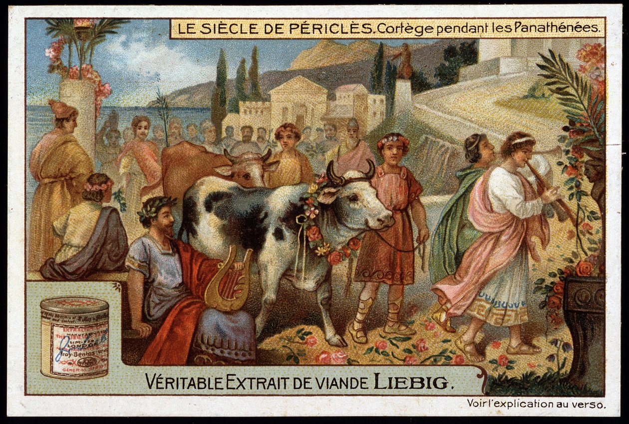 Perikles-talet (495-429 f.Kr.): kortege under panathenees - Liebig-kromolitografi av Unknown artist