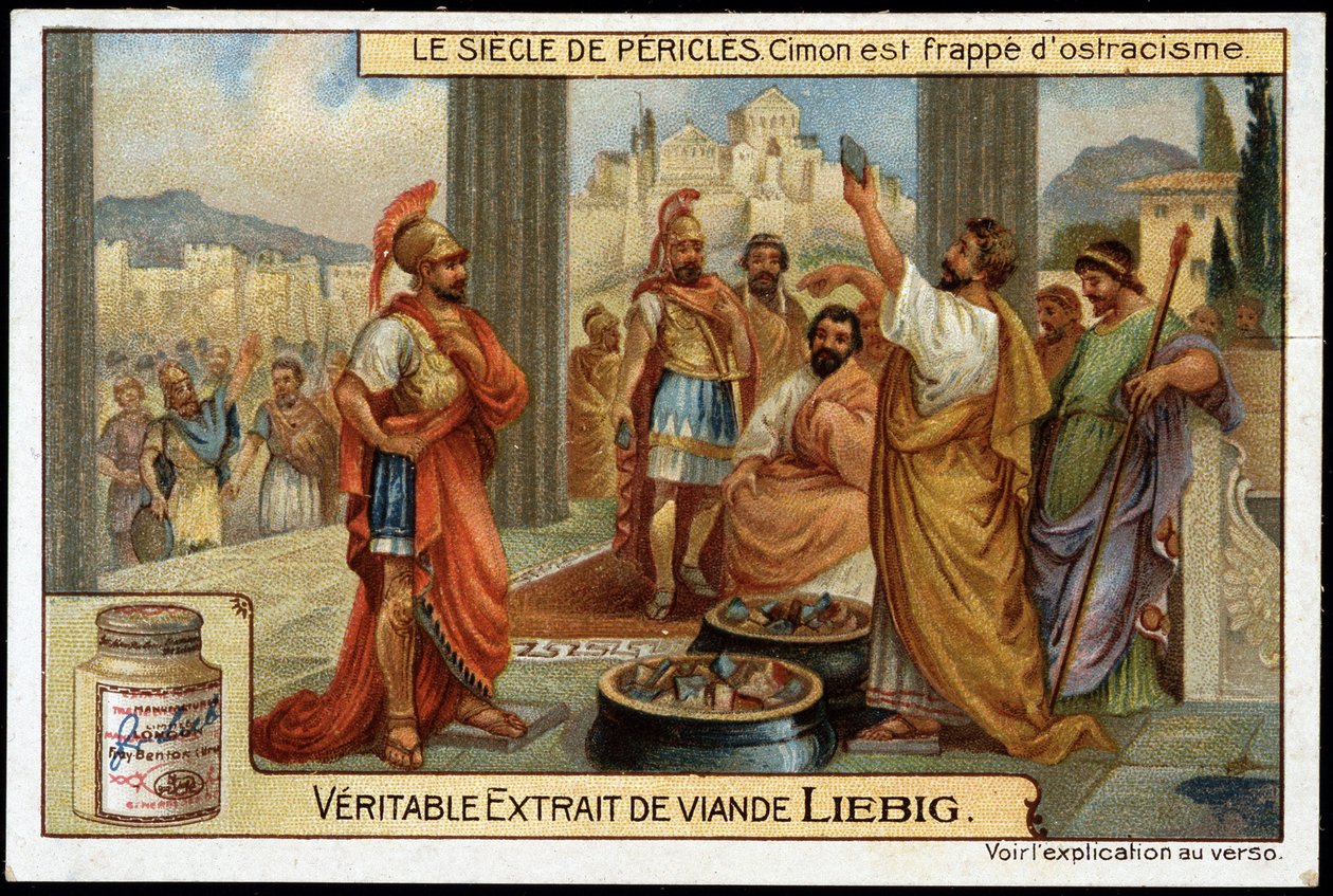 Perikles-talet (495-429 f.Kr.): statsman och strategi Cimon (510-449 f.Kr.) drabbas av utfrysning, 461 f.Kr. - Liebig-kromolitografi av Unknown artist