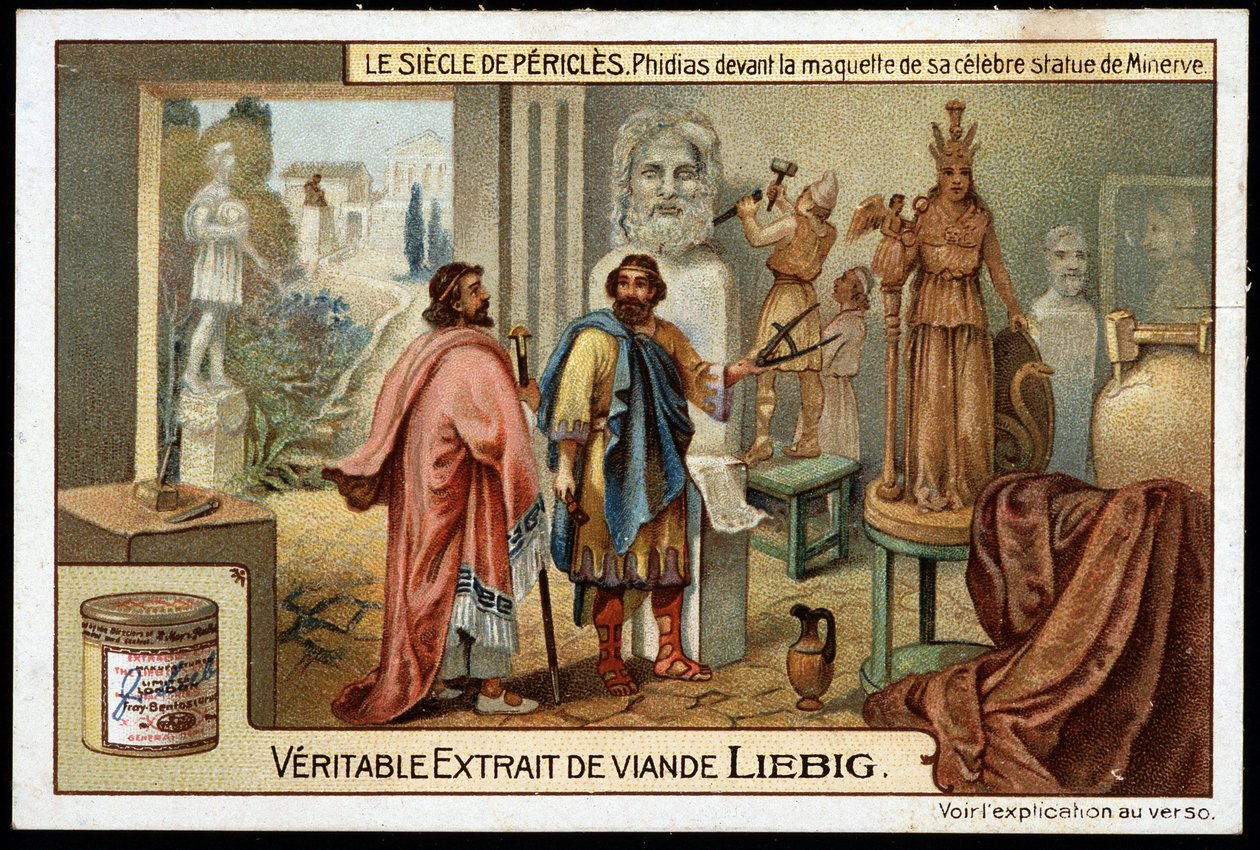 Pericles-talet (495-429 f.Kr.): skulptören Phidias (490-430 f.Kr.) framför modellen av sin berömda staty av Minerva - Liebig-kromolitografi av Unknown artist