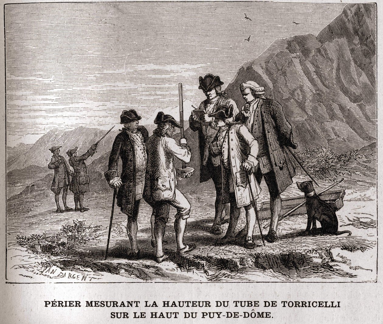 Perrier som mäter höjden på barometern (kvicksilverrör) av Evangelista Torricelli eller Torricelli på toppen av Puy-de-Dôme den 20 september 1618, gravyr från 1800-talet, Bianchetti-samlingen. av Unknown artist