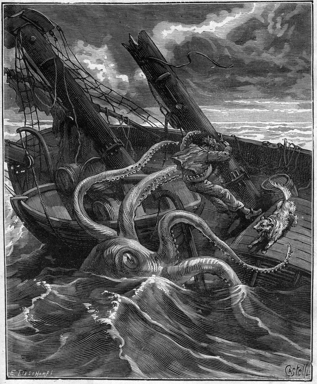 Perilleous Adventures Of Narcissus Nicaise In Congo - av Armand Dubarry 1836 -1910 - han hade framför sig ett formidabelt marint monster (Giant octopus) (Giant octopus) - gravyr i Journal des voyage de 1881 - av Unknown artist