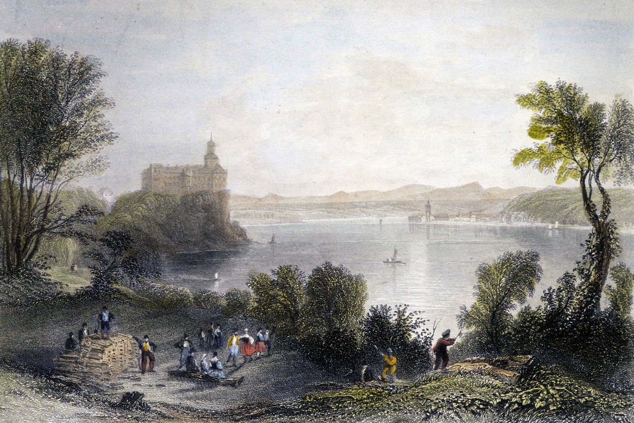 Persenberg slott i Tyskland. I förgrunden träarbetarna på jobbet. Gravyr av 1800-talet. av Unknown artist