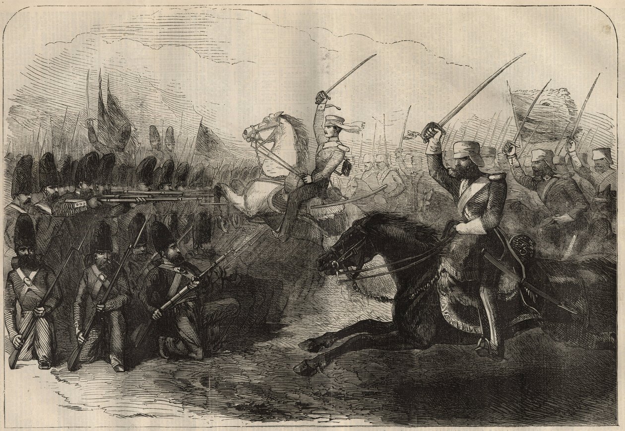 Persiska Anglo (anglo-persiska) kriget (1856-1857): laddningen av det tredje brittiska indo-kavalleriet under befäl av kapten Forbes under slaget vid Koosh-Ab (Koosh Ab, Kooshab) den 8 februari av Unknown artist