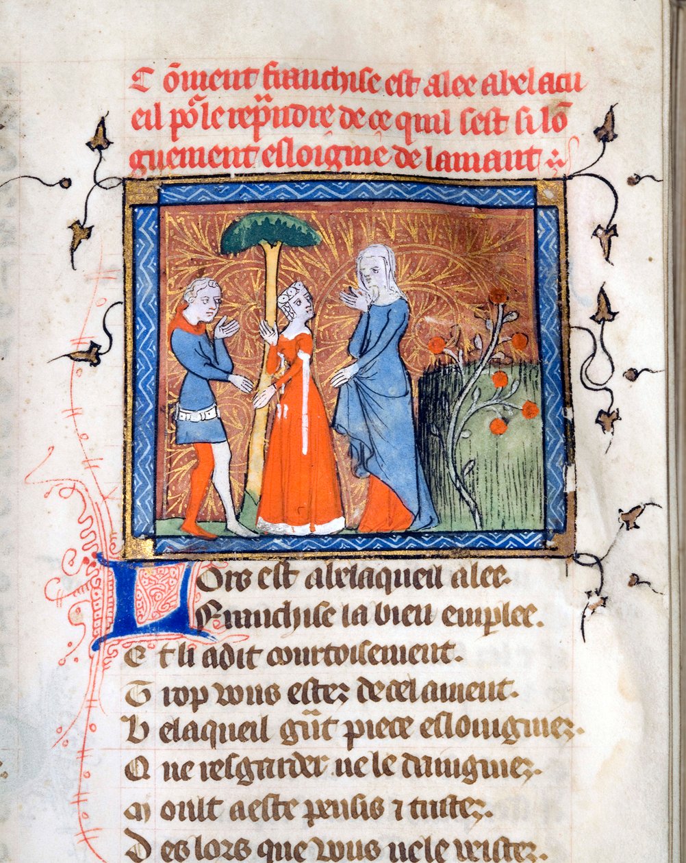 ""Tecken i samtal"" Upplyst sida från manuskriptet ""Le Roman de la Rose"" av Guillaume de Lorris (cirka 1200-1238) och Jean de Meun (Meung) (1240-1305) runt 1365 University of Chicago Library States Förenad av Unknown artist