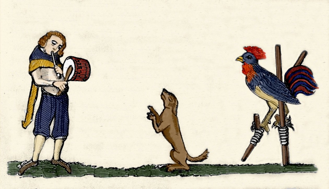 Tränade husdjur: en hund och en tupp dansar på stillbilder till trummans rytm. Gravyr från ett manuskript från 1344 från Bodleian-biblioteket i Oxford. av Unknown artist