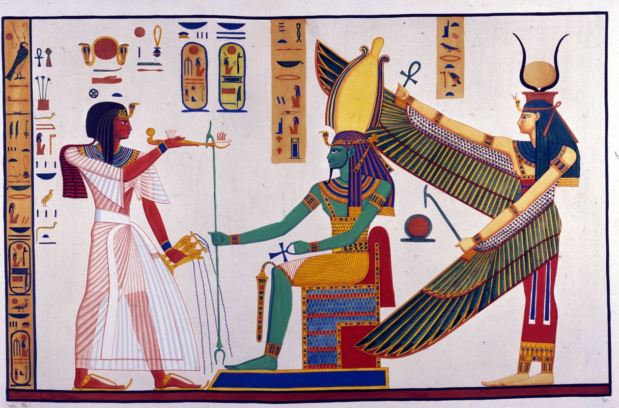 Farao Ramses IV ger erbjudanden till Ptah-Sokari-Osiris. Bakom Osiris är Isis. (Bibah-el-Moluks grav) - i "" Monuments of Egypt and Upper Nubia"" av Ippolito Rosellini (Rossellini). av Unknown artist